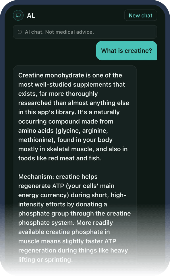 AL chat screen with the AI chat, not medical advice banner and a general question and answer