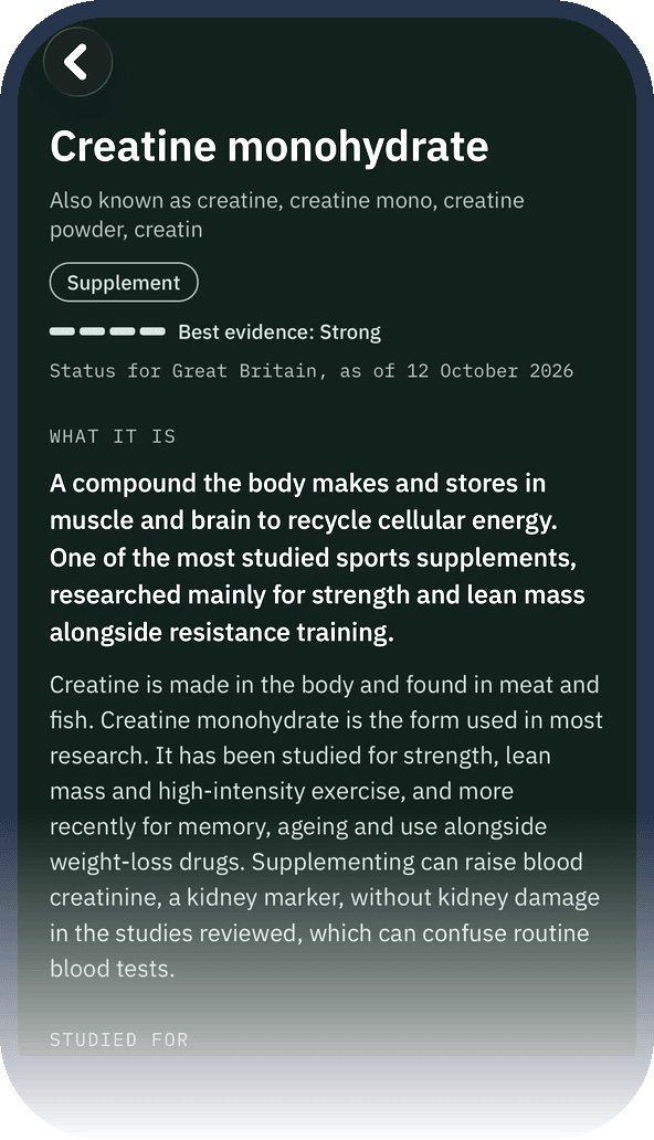 Library entry for a supplement, with a Supplement label, an evidence label, a dated status line for Great Britain and a plain description