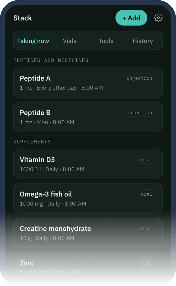 Stack screen listing peptides, medicines and supplements with their schedules